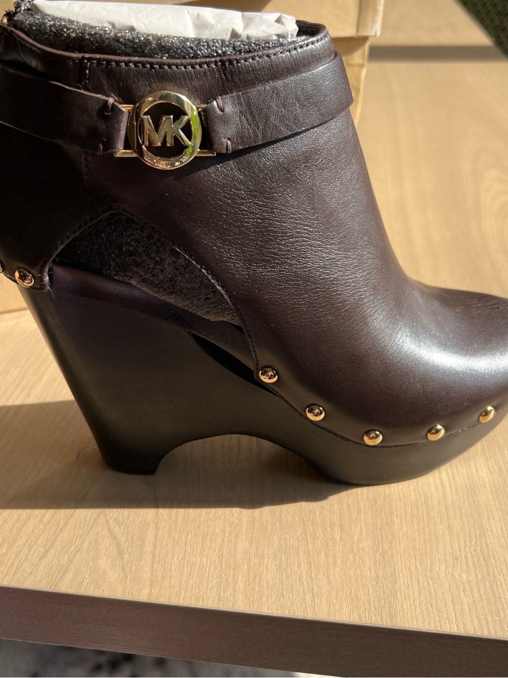 Michael Kors Dark Brown Leather Wedge Ankle Boot with Gold MK Accent